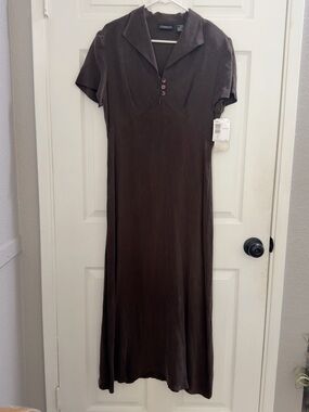 Essentials Brown Short-Sleeve Collared Midi Dress